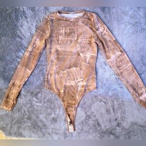 Fashion Nova Mesh Denim Print Brown Mesh Bodysuit Size M
